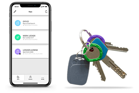 The Klevio App showing digital keys on it next to an image of physical keys