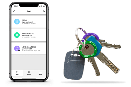 The Klevio App showing digital keys on it next to an image of physical keys