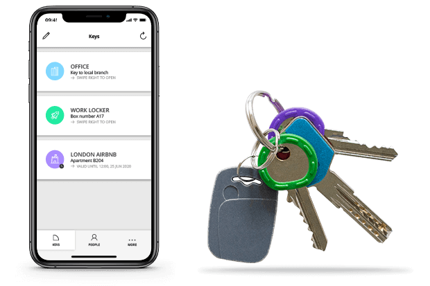 The Klevio App showing digital keys on it next to an image of physical keys