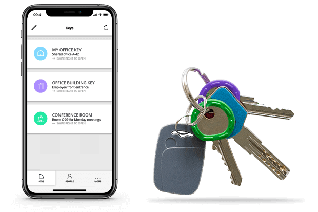 The Klevio App showing digital keys for doors in an office building next to an image of physical keys