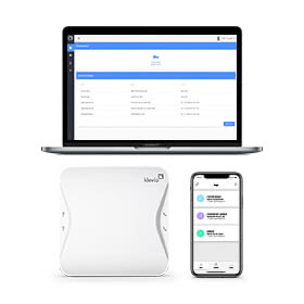 A Klevio device with the Klevio app on a smartphone and the Klevio dashboard on a laptop