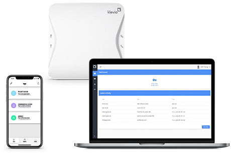 A montage of the Klevio App, Klevio Dashboard and a Klevio device