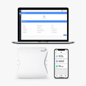 A Klevio device with the Klevio app on a smartphone and the Klevio dashboard on a laptop