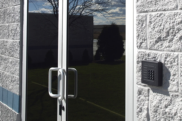 A metal office door