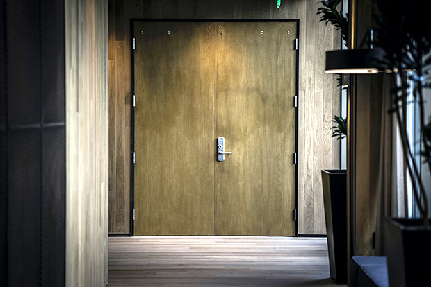 A metal office door